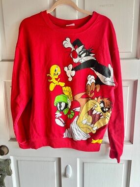 Looney Tunes Sweatshirt Red Sylvester Tweety Taz Marvin Crewneck